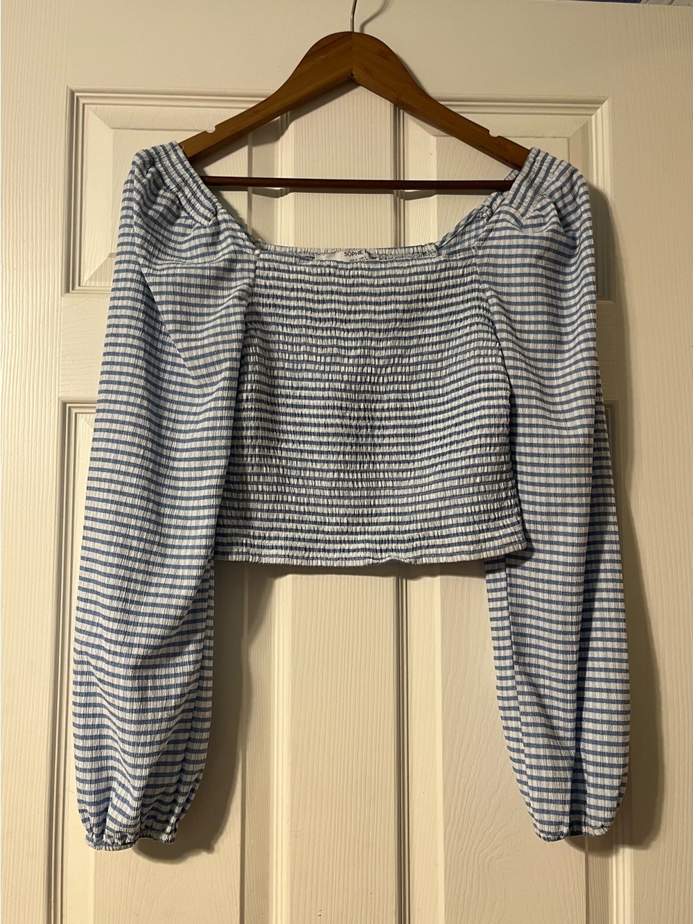 Sophie Rue Blue and White Striped Smocked Off-Shoulder Crop Top. Size small